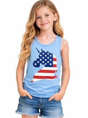 Girls Patriotic Unicorn Tank Top Blue Stars & Stripes Size 10